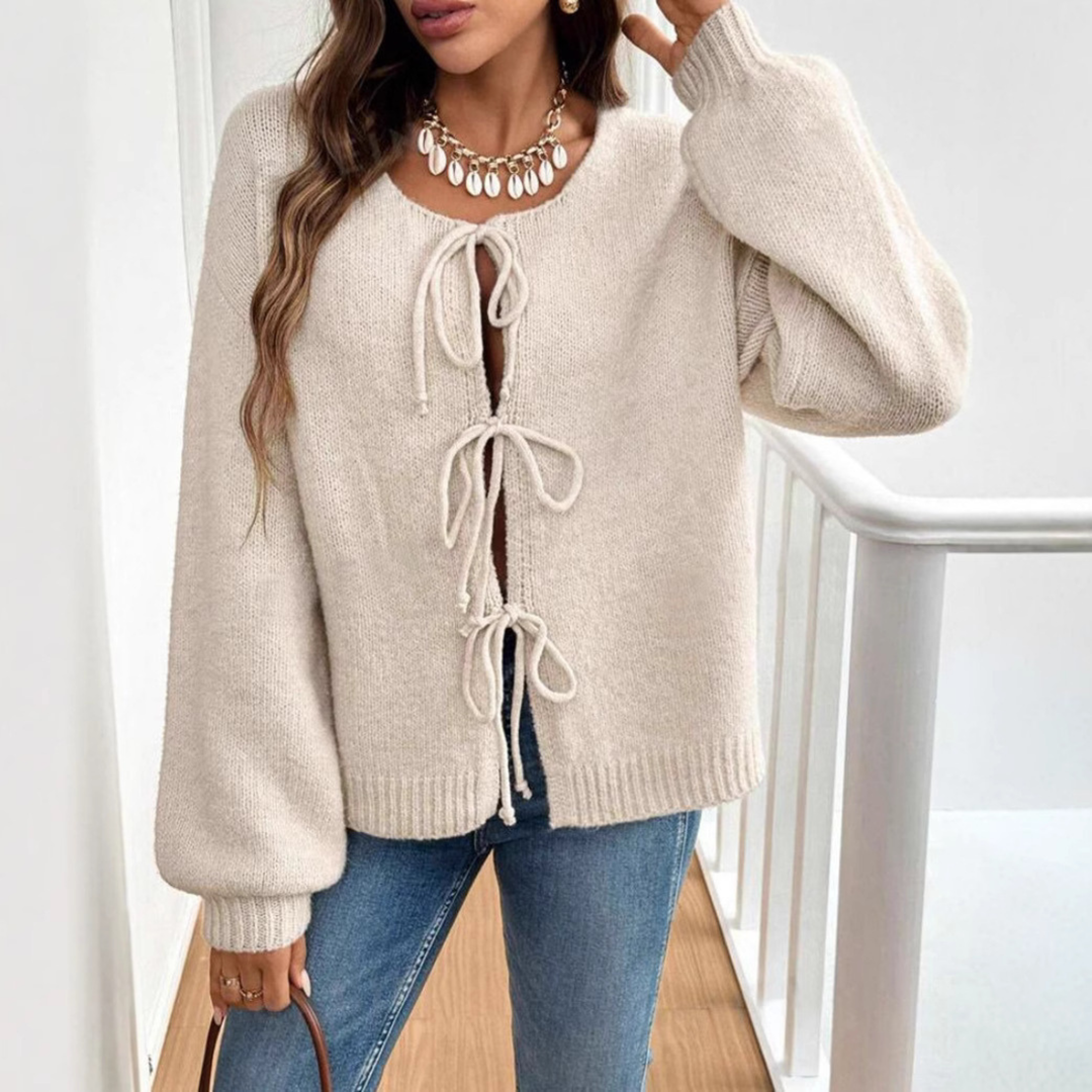 ADRIENNE™ - Chic Long Sleeve Round Neck Tie Front Cardigan
