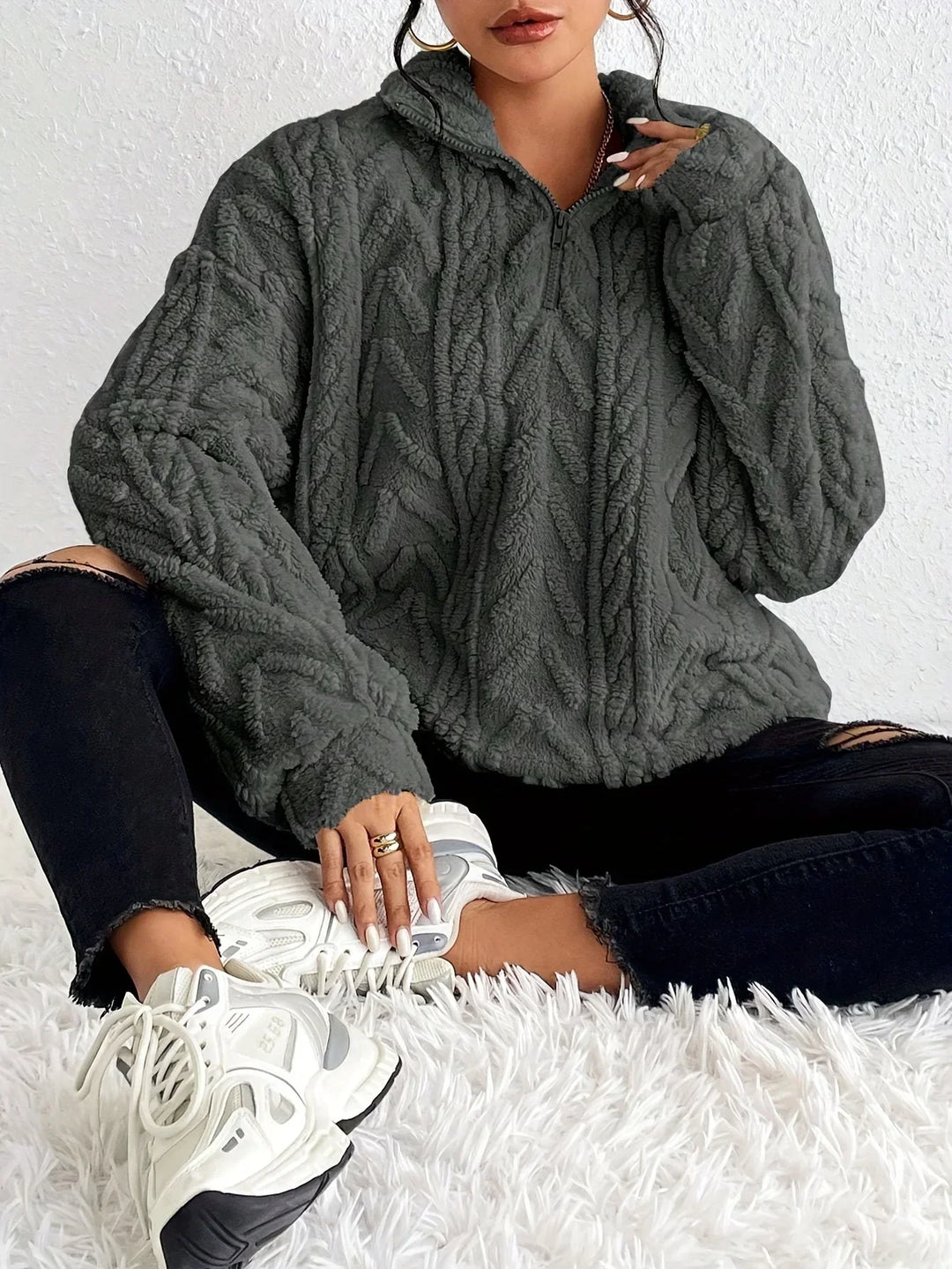 Nancy Boutique™| Braided Zip-Up Pullover
